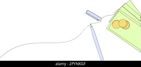 Eine einzige, einzeilige Zeichnung von Geld und Stift, Finanzkonzept des Unternehmens. Grafische Darstellung der Einkommensanalyse für die kontinuierliche Linienzeichnung oder des Wirtschaftskonzepts. Vektor Stock Vektor