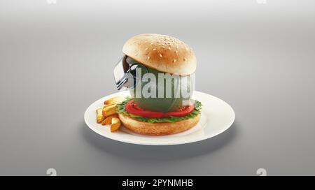 Junk Food erhöht das Krebsrisiko. Hamburger mit Grenade. Konzept für ungesunde oder gefährliche Lebensmittel. 3D-Rendering Stockfoto