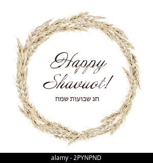 Aquarell Happy Shavuot rundes Rahmen aus Weizenohren mit hebräischen Grüßen, Chag Sameach. Illustration der Vorlage für jüdische Feiertage. Stockfoto