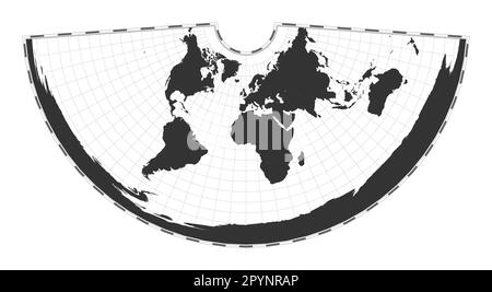 Vector-Weltkarte. Konische äquidistante Projektion. Geografische Karte mit Breiten- und Längengraden. Zentriert auf 0deg Längengrad. Vektor krank Stock Vektor