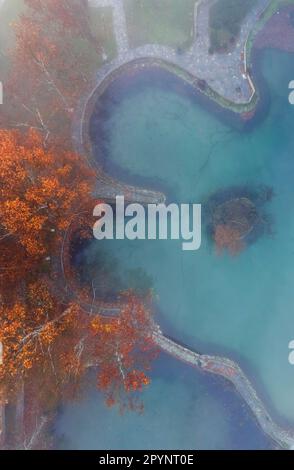 Wenn sich der Nebel in Vryssi Tyrnavou erhebt, einem malerischen kleinen See und Erholungsgebiet in der Nähe der Stadt Tyrnavos, Larissa, Thessalien, Griechenland. Stockfoto