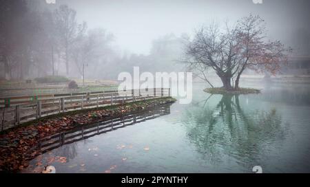 Foto in Vryssi Tyrnavou, einem malerischen kleinen See und einem schönen Erholungsgebiet in der Nähe von Tyrnavos, Larissa, Thessalien, Griechenland. Stockfoto