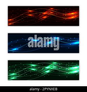 Ein Set aus drei abstrakten, mehrfarbigen Hintergrundtexturen von Postern von Magic Laser wunderschönes digitales, leuchtendes, helles, elektrisches Neonglo Stock Vektor