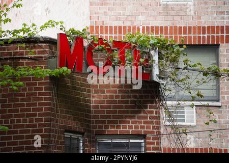 Zerbrochenes und verfallenes urbanes rotes MOTELSCHILD mit überwucherter Vegetation Stockfoto