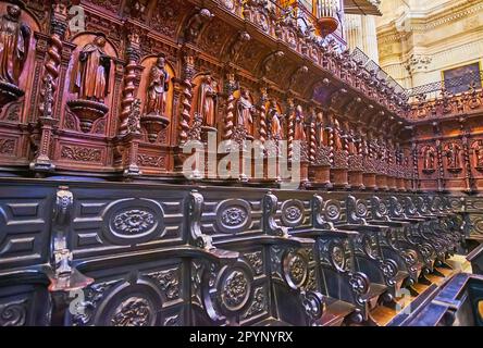 CADIZ, SPANIEN - 21. SEPTEMBER 2019: Die geschnitzten Holzskulpturen und Muster des Chors in der Kathedrale von Cadiz, am 21. September in Cadiz Stockfoto