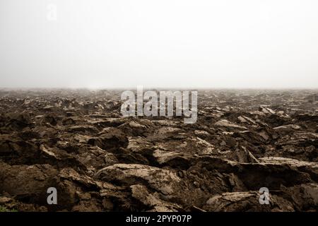 Fruchtbarer, dunkler Boden, Feld nach dem Pflügen. Vorbereitung auf die nächste Vegetationsperiode durch Pflügen Stockfoto