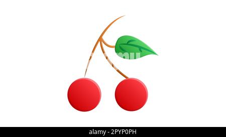Cherries Illustration – Kirschen mit Stielen und Blättern auf weißem Hintergrund. Stock Vektor