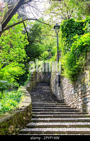 Lange gekrümmte Treppe in einem Park in Bergamo, Italien Stockfoto