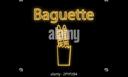 Tasche mit Baguette auf schwarzem Hintergrund, Vektorgrafik, Neon. Baguette in einer Papiertüte, Einkaufen, ein Schild für eine Bäckerei. Neon-Illustration, vinta Stock Vektor