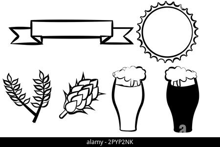 Eine Bierflasche, ein Riegel aus sechs schwarzen Bierbändern, Gläsern, Ikonen von Hopfen und Malzrahmen auf weißem Hintergrund. Vektordarstellung. Stock Vektor