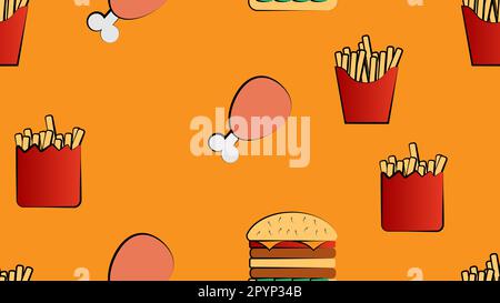 Nahtloses, endloses Muster verschiedener köstlicher, herzhafter, heißer Pommes Frites, Hamburger, Fast-Food-Hühnerschenkel auf orangefarbenem Hintergrund. Textur. Stock Vektor