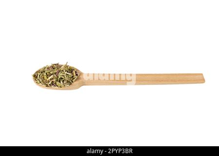 Katzenminenkraut auf lateinisch - Nepeta cataria auf Holzlöffel isoliert auf weißem Hintergrund. Heilkraut. Stockfoto