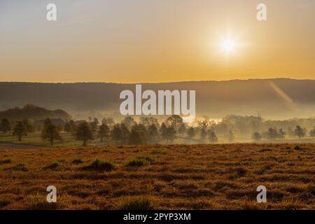 Farbenfroher Sonnenaufgang an einem Sommermorgen mit einem kleinen Nebel auf dem Boden und spektakulärer Aussicht auf die holländischen Hügel in der Nähe des Dorfes Kuttingen Stockfoto