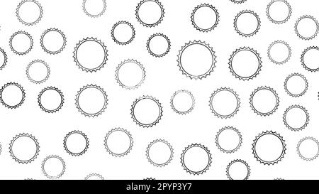 Strukturiertes nahtloses Muster aus schwarzen, runden, abstrakt geschnitzten Bierkappen aus Metall mit scharfen Kanten zum Verstopfen von Bierflaschen, die bei der Zubereitung von Getrieben auf einem weißen Ba verwendet werden Stock Vektor
