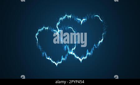 Zwei wunderschöne blaue, scharfe Schwäne abstrahieren magische Energie elektrisch feurig glänzende, festliche Herzen mit Funken auf blauem Hintergrund. Vektor-Illustration Stock Vektor