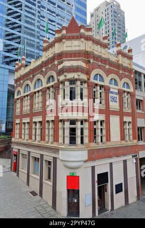 Historisches Gebäude aus dem Jahr 625, das aus dem Jahr 1902 n. Chr. stammt, an der Ecke Sussex Street und Market Street. Sydney-Australien. Stockfoto