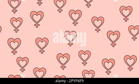Nahtlose Struktur mit flachen Herzsymbolen mit einem Zeichen einer Frau, Liebesstücken für den Feiertag der Liebe am Valentinstag am 14. Februar oder 8. März Stock Vektor