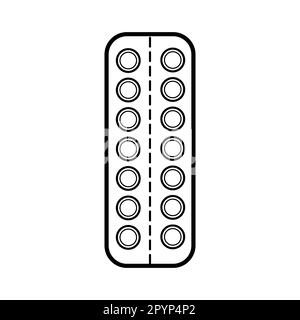 Medizinische pharmazeutische Pillen Pillen im Paket, die Platte zur Behandlung von Krankheiten, ein einfaches schwarz-weißes Symbol auf weißem Hintergrund. Vecto Stock Vektor