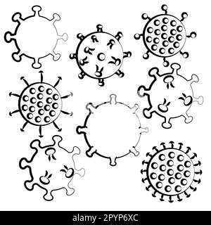 Satz von schwarz-weißen Ikonen medizinischer Viren Mikroben gefährlicher tödlicher Stamm Covid 019 Coronavirus Epidemie Pandemie. Vektordarstellung. Stock Vektor