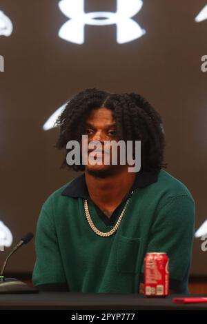 Owings Mills, MD, USA. 4. Mai 2023. Baltimore Ravens QB Lamar Jackson nimmt an einer Pressekonferenz im Under Armour Performance Center in Owings Mills, MD, Teil. Foto/ Mike Buscher/Cal Sport Media(Kreditbild: © Mike Buscher/Cal Sport Media/Cal Sport Media). Kredit: csm/Alamy Live News Stockfoto