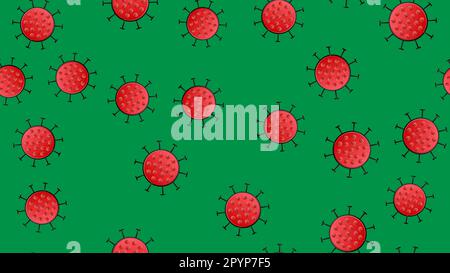 Nahtloses Muster roter Viren der Bakterien Coronavirus Krankheit Covid-19 Pandemie gefährliche infektiöse Textur auf grünem Hintergrund. Stock Vektor