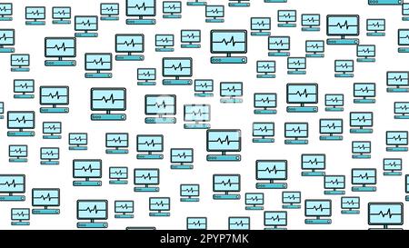 Nahtlose Mustertextur endlos repetitiver wissenschaftlicher Medizin mit Puls und Kardiogramm moderner digitaler Laptops mit Monitoren auf einem Stock Vektor