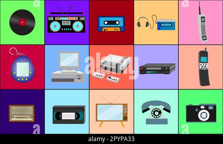 Ein wunderschönes, großes Set aus Retro-Artikeln alter Hipster-Elektronik aus den 70s, 80s und 90s Jahren auf dem Hintergrund von farbigen Quadraten. Vektor Stock Vektor