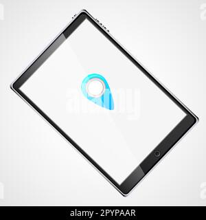 Großer schwarzer, realistischer mobiler, intelligenter, berührungsempfindlicher, schlanker Tablet-Computer mit blauem Beschriftungssymbol für gps und isoliertem Hochglanzbildschirm Stock Vektor
