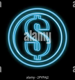 Wunderschönes blau leuchtendes abstraktes Neonsymbol, Schild aus einer runden hellen Dollarmünze auf schwarzem Hintergrund. Vektordarstellung. Stock Vektor