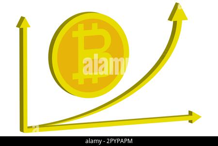 Das schnell wachsende gelbe Diagramm Bitcoin Up, Münzbitcoin, Blockchein-Technologie, das Konzept der Kryptowährung, werden reich auf weißem Hintergrund. Stock Vektor