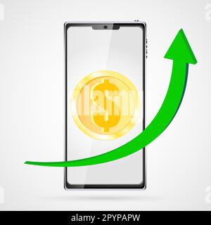 Goldene runde Geldmünzen und ein wachsendes Diagramm mit einem grünen Pfeil nach oben auf einem schwarzen Smartphone mit Touchscreen, modern realistisch Stock Vektor