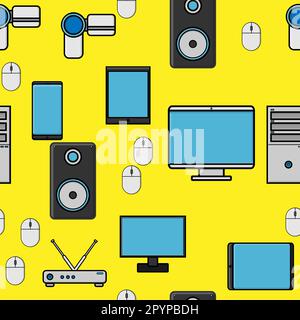 Nahtlose Muster, Textur von modernen digitalen Geräten, Gadgets, Tablets, Smartphones, Mäusen, Lautsprecher, Monitore, Laptops, Router für das Internet, Computer Stock Vektor