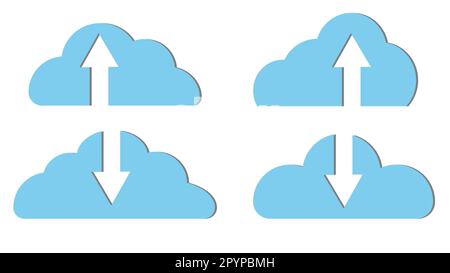 Set aus vier wunderschönen blauen, einfachen digitalen Cloud-Symbolen mit Pfeilen zum Herunterladen. Konzept: Cloud-Technologien und -Dienste, Fernspeicherung von Informationen. V Stock Vektor