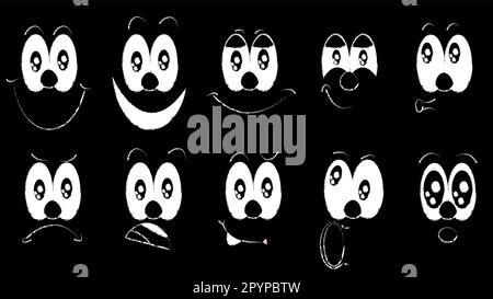 Ein Satz Emoji, eine Reihe von Emotionen von lustigen Gesichtern mit großen Augen mit verschiedenen Emotionen: Freude, Traurigkeit, Angst, Überraschung, Lächeln, Weinen, Zweifel von Weißen gezogen Stock Vektor