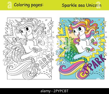 Süßes, wunderschönes Einhorn mit Buchstaben und einer Vektordarstellung des Funken-Cartoons. Malbuchseite für Kinder mit Farbvorlage. Zum Ausmalen, Ausbilden Stock Vektor