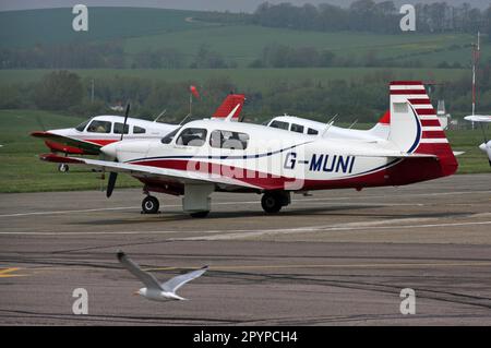 Ein Mooney M20J Leichtflugzeug mit einer Möwe, die ihn am Brighton City Airport West Sussex überfliegt Stockfoto