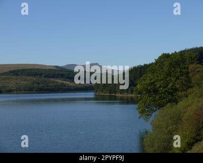 TAF Fechan Reservoir oder Pontsticill Reservoir (Cronfa Pontsticill), von der Brecon Mountain Railway (Rheilffordd Mynydd Brycheiniog) aus gesehen Stockfoto