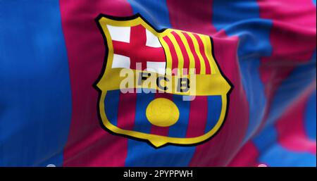 Barcelona, Spanien, märz 2023: Nahaufnahme der Fahne des FC Barcelona. Der FC Barcelona ist ein spanischer Profifußballverein mit Sitz in Barcelona. Illu Stockfoto