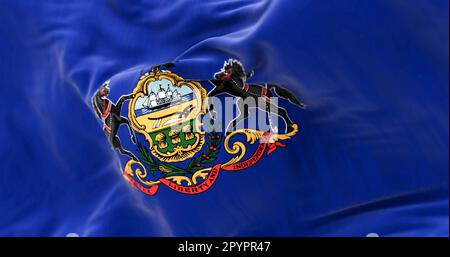 Nahaufnahme der Pennsylvania Staatsflagge, die winkt. Blaues Feld mit Staatswappen: Schild zwischen den Pferden, Adler oben. Rendern der 3D-Darstellung. Strukturiert Stockfoto
