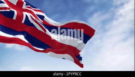 Die Flagge Hawaiis, die an klaren Tagen im Wind winkt. Acht horizontale Streifen weiß, rot, blau, Union Jack im Kanton. Rendern der 3D-Darstellung. Selecti Stockfoto