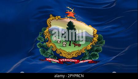 Die Staatsflagge von Vermont flattert im Wind. Wappen und Motto Freiheit und Einheit auf blauem Hintergrund. Rendern der 3D-Darstellung. Nahaufnahme. Flutte Stockfoto