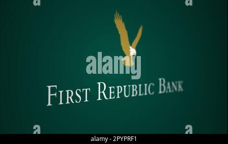 New York, USA, März 2023: Weißes Logo der First Republic Bank auf grünem Hintergrund. Im März 2023 wurde die First Republic Bank von einem Konsortium mit $3 gerettet Stockfoto