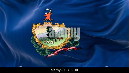 Die Staatsflagge von Vermont flattert im Wind. Wappen und Motto Freiheit und Einheit auf blauem Hintergrund. Rendern der 3D-Darstellung. Selektiver Fokus. Stockfoto