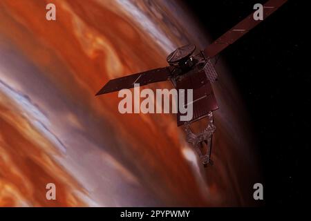 Eine Raumsonde, um den Planeten Jupiter zu erforschen. Elemente dieses Bildes lieferten die NASA. Hochwertiges Foto Stockfoto
