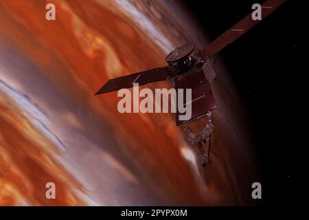Eine Raumsonde, um den Planeten Jupiter zu erforschen. Elemente dieses Bildes lieferten die NASA. Hochwertiges Foto Stockfoto