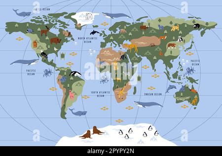 Tierweltkarte für Kinder Stock Vektor