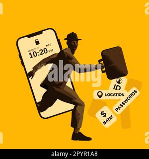 Digitaler Online-Identitätsdiebstahl und Social Engineering. Ein Dieb, der personenbezogene Daten von einem Smartphone stiehlt. Menschenbetrug Konzept Vektor illus Stock Vektor