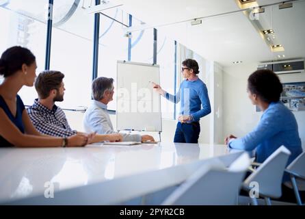 Wir haben die folgenden Optionen. Ein Geschäftsmann, der während einer Vorstandssitzung eine Präsentation mithilfe eines Whiteboards vorführt. Stockfoto