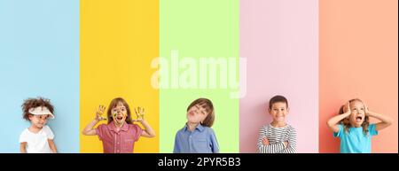 Collage verschiedener Kinder auf farbigem Hintergrund Stockfoto