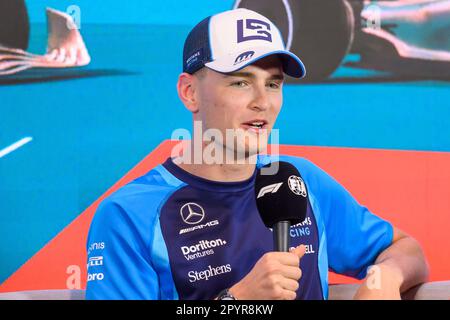 4. Mai 2023: Miami International Autodrome, Miami Gardens, Florida, USA: Formel 1 Crypto.com Miami Grand Prix 2023: Ankunft und Inspektionstag: Williams Rennfahrer Logan Sargeant spricht während einer Pressekonferenz mit den Medien. Stockfoto